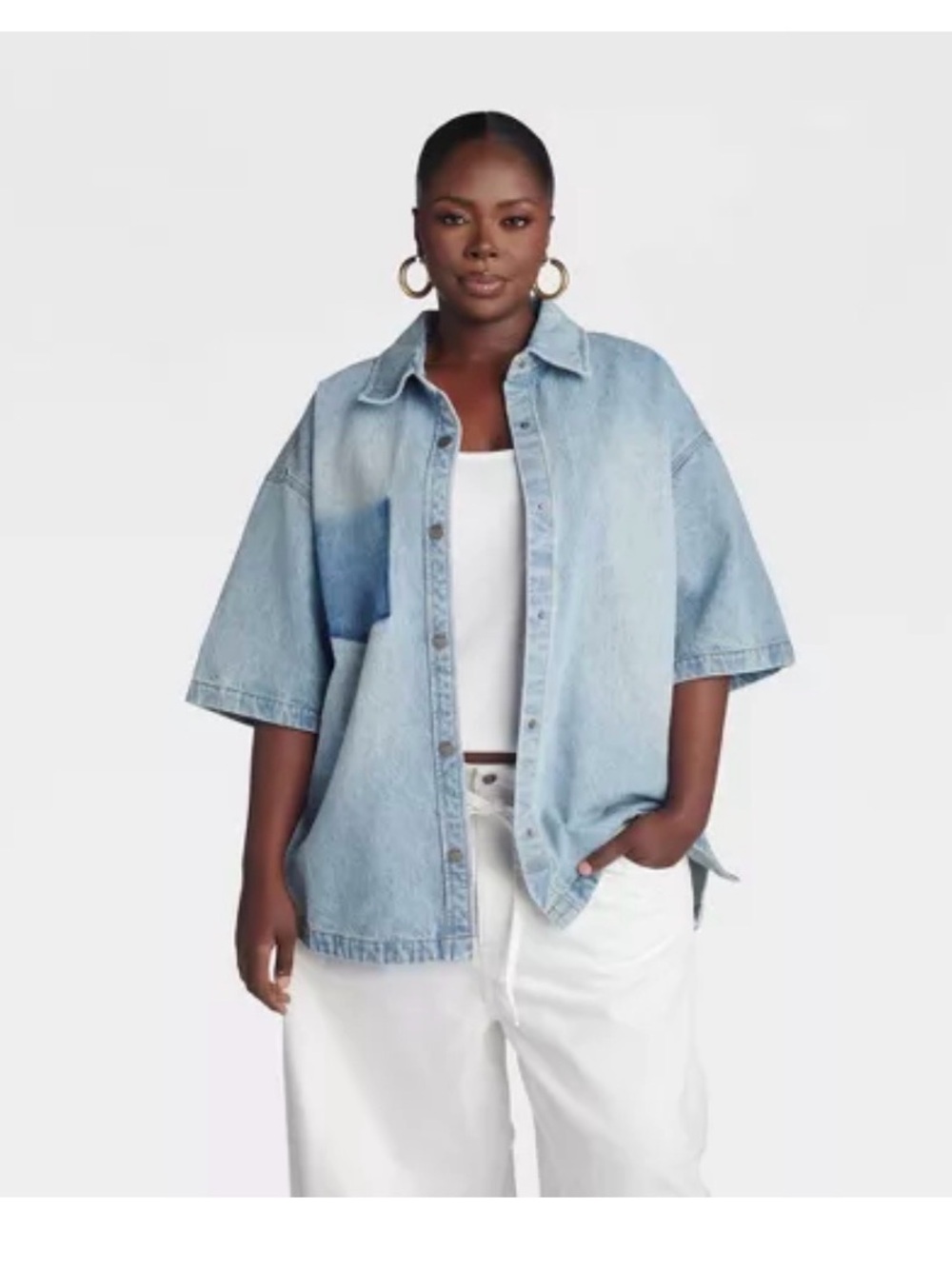 KBB by KAHLANA Women's Short Sleeve The Boxy Denim Shirt Light Wash L NWT